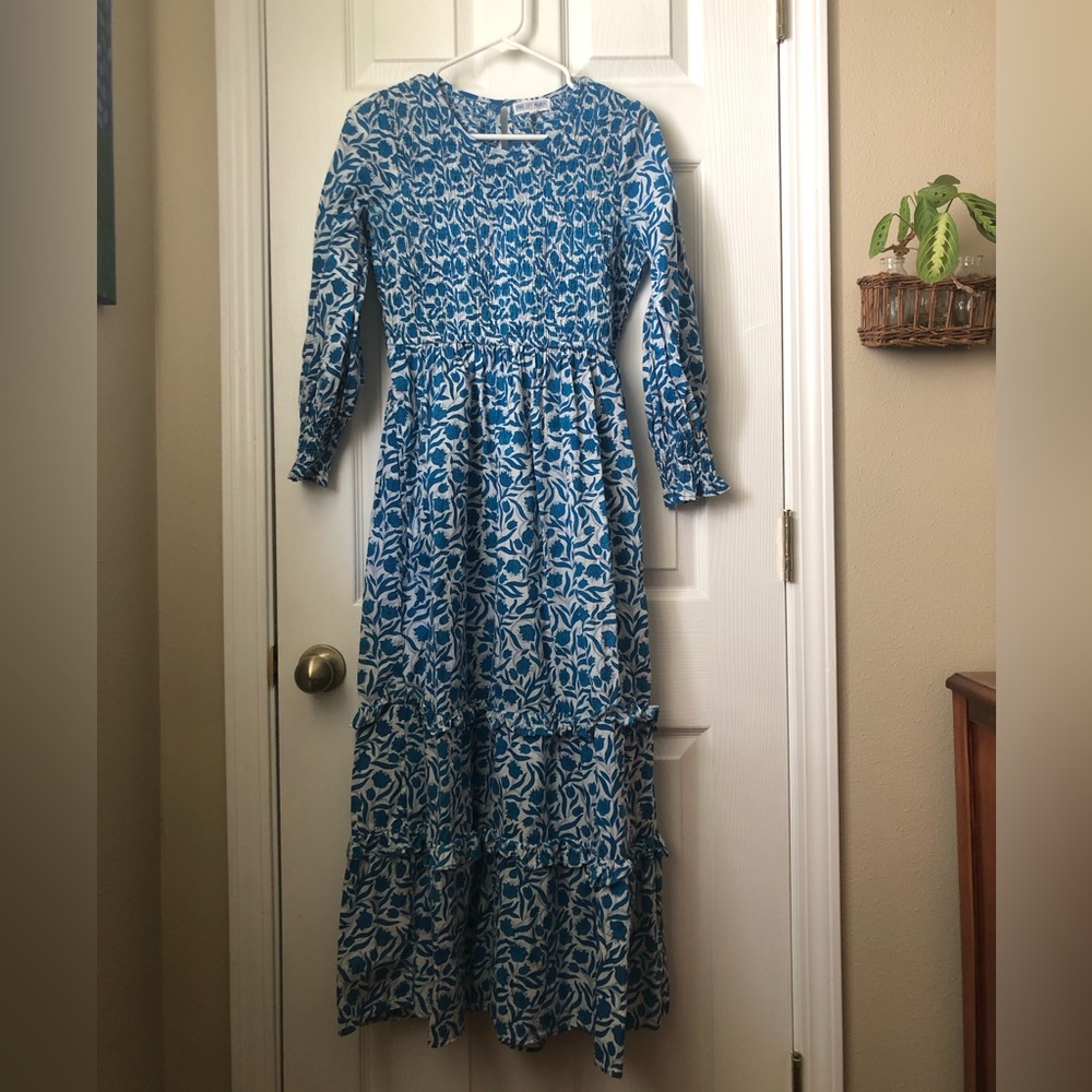 Pink City Prints Blue Floral Midi Isabel Dress in Small